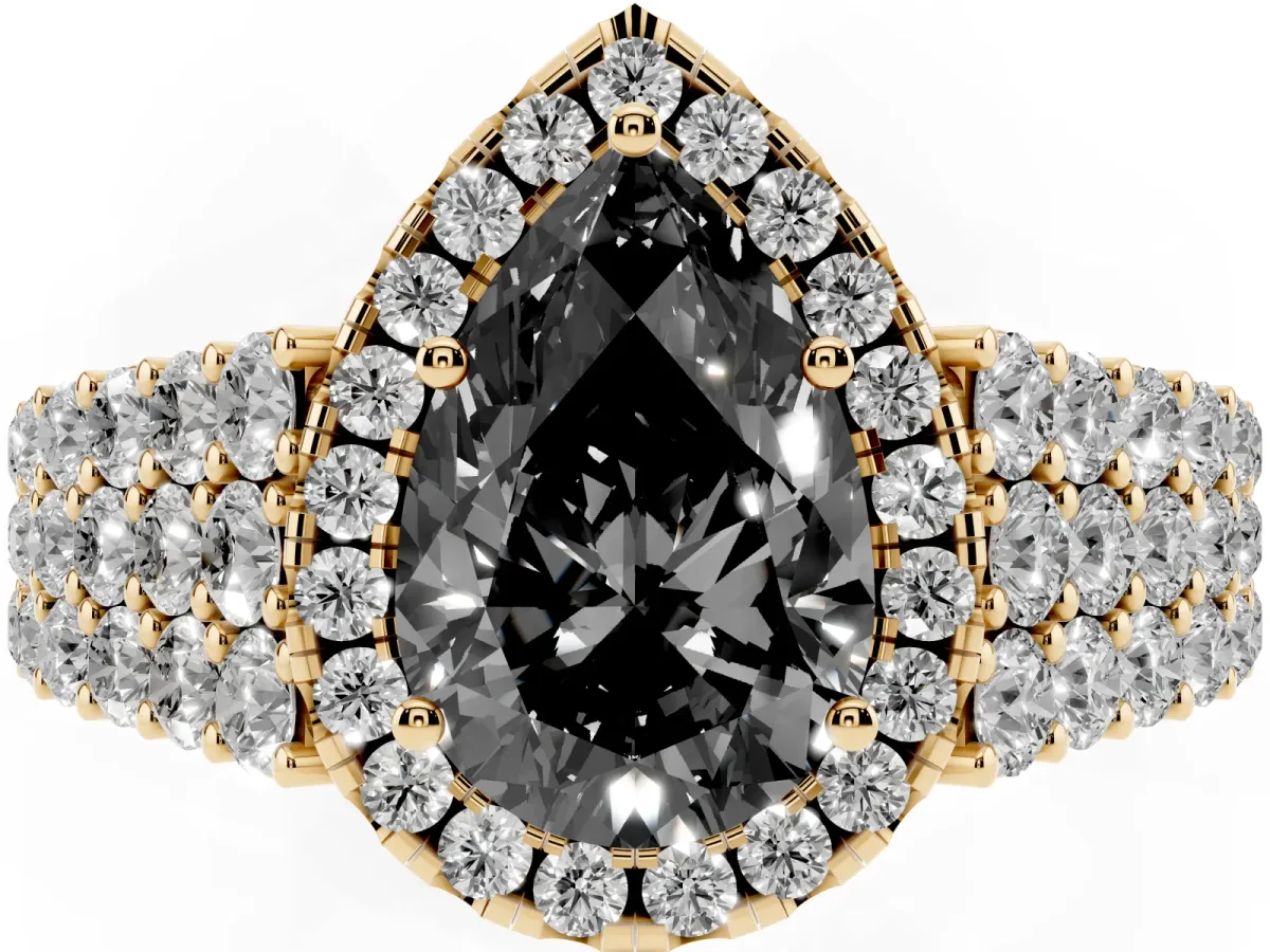Fancy Black Pear Cut Diamond Halo Engagement Ring with Triple Row Round Pavé Band and Prong Setting Yellow gold