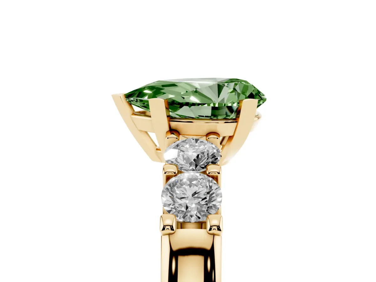 Fancy Green Pear Cut Brilliant Cut Diamond Five-Stone Prong Set Engagement Ring with Channel Band Yellow gold
