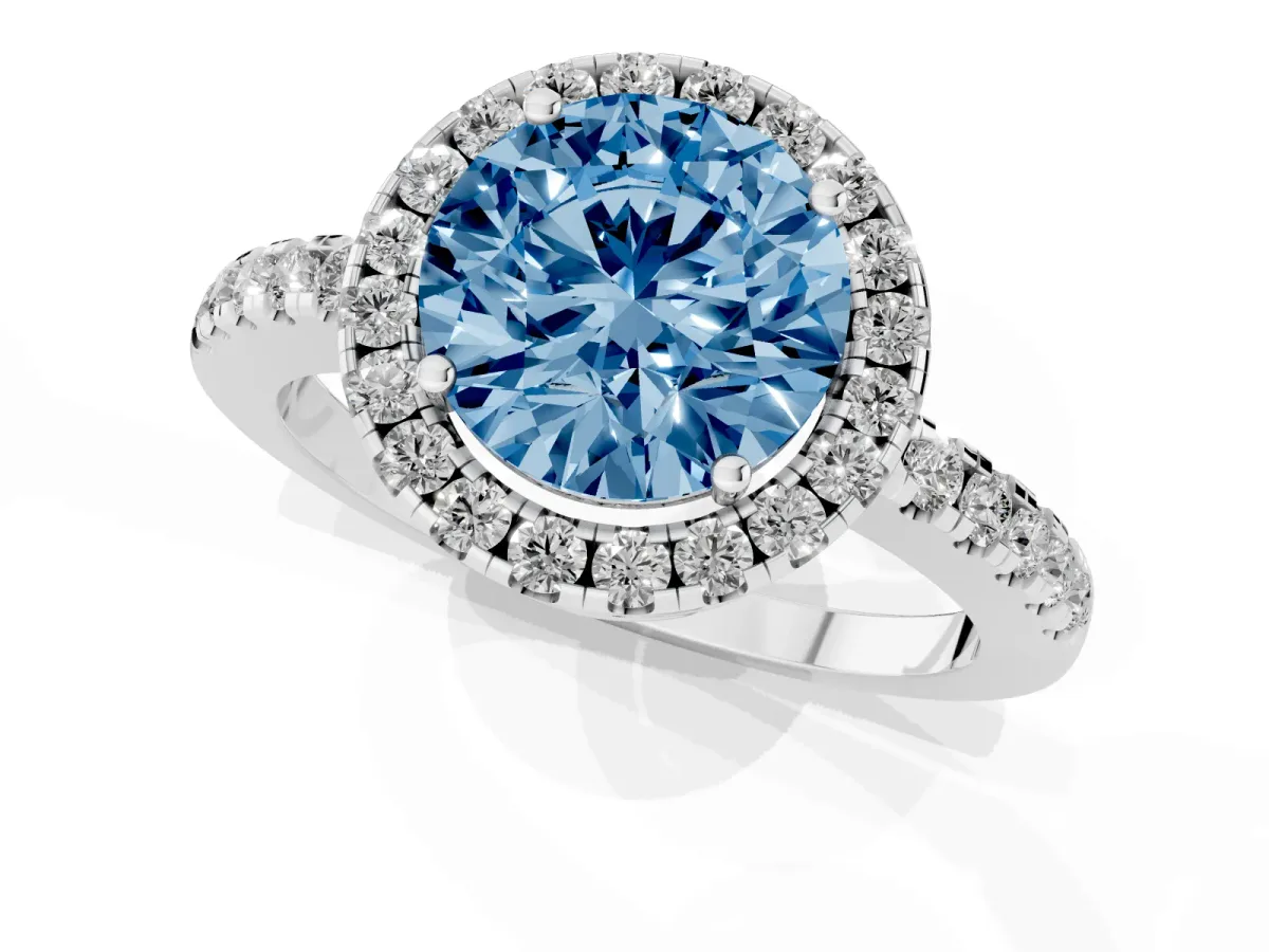 Fancy Blue Round Cut Halo Diamond Engagement Ring with Pavé Band and Four-Prong Setting Platinum
