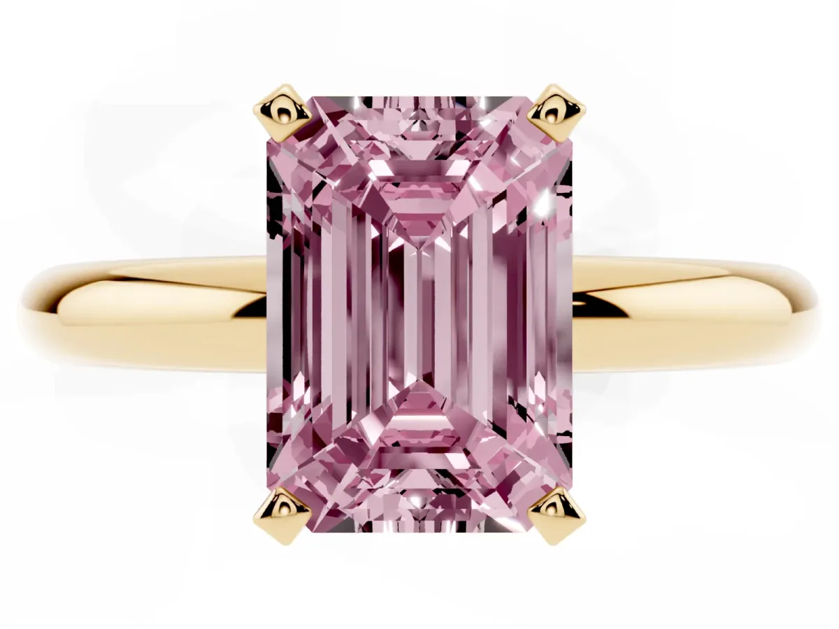 Fancy Pink Emerald Cut Diamond Solitaire Engagement Ring with Round Band and Four-Prong Setting Yellow gold