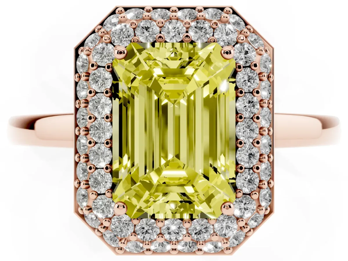 Fancy Yellow Emerald Cut Halo Diamond Engagement Ring with Solitaire Band and Four-Prong Setting Rose gold