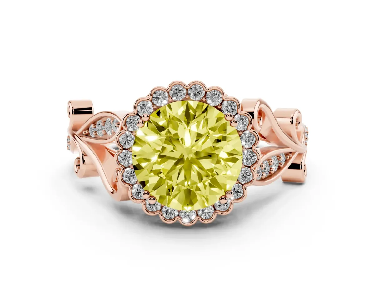 Fancy Yellow Round Cut Diamond Halo Ring with Vintage Split Shank and Four-Prong Setting Rose gold