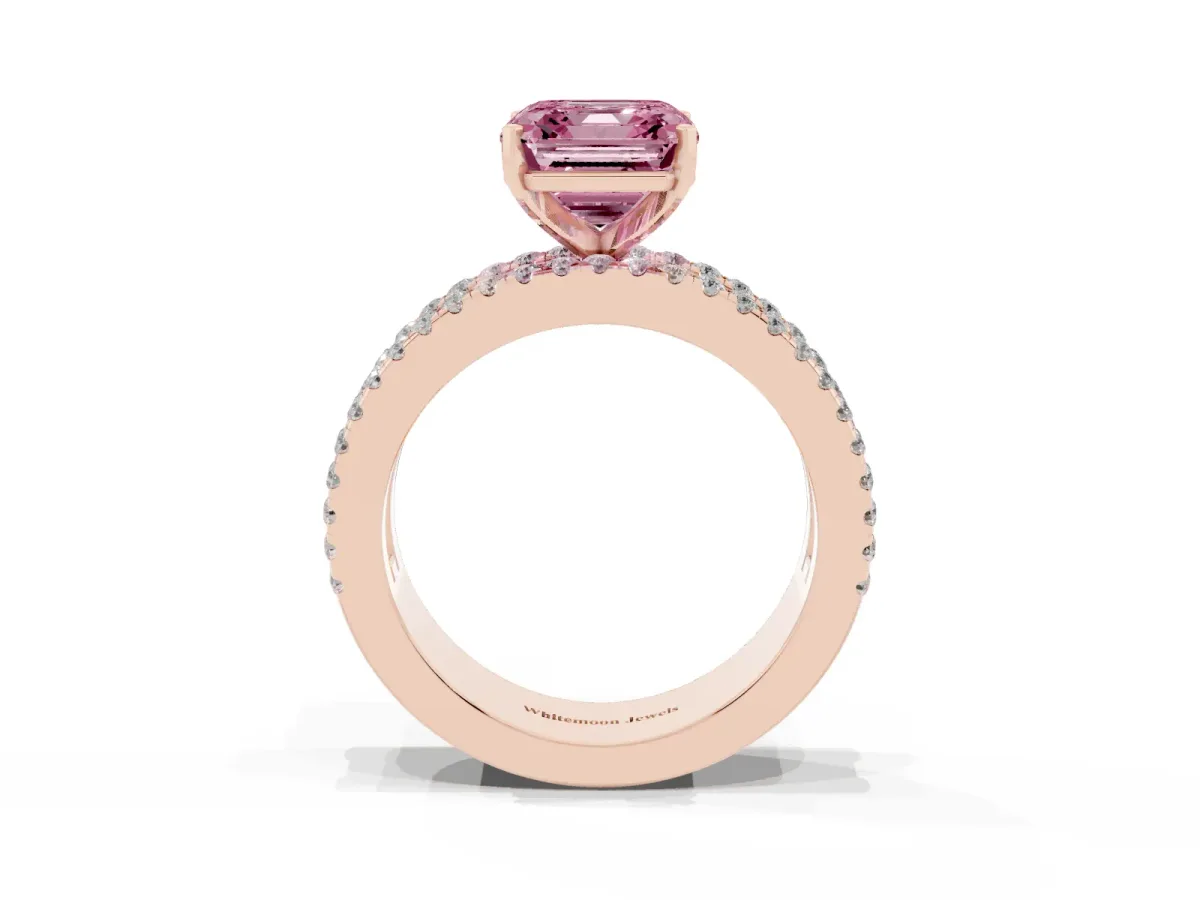 Fancy Pink Asscher Cut Diamond Solitaire Ring with Pavé and Channel Set Band Rose gold