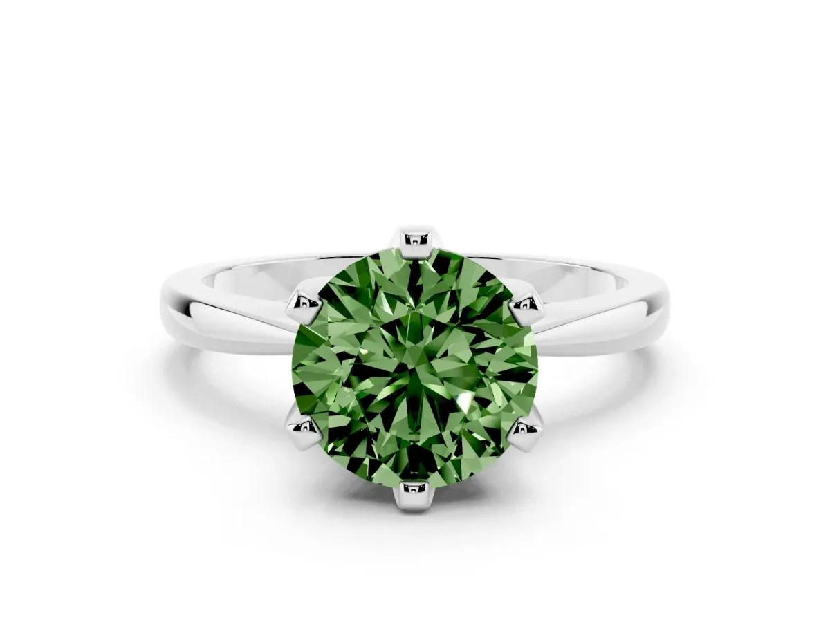 Fancy Green Round Cut Solitaire Engagement Ring with Six-Prong Setting and Tapered Band Platinum