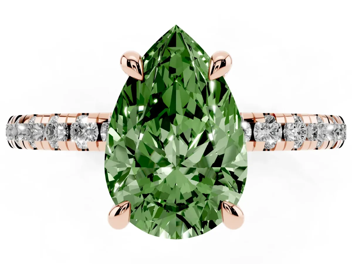 Fancy Green Pear Cut Diamond Brilliant Solitaire Ring with Pavé Band and Four-Prong Setting Rose gold