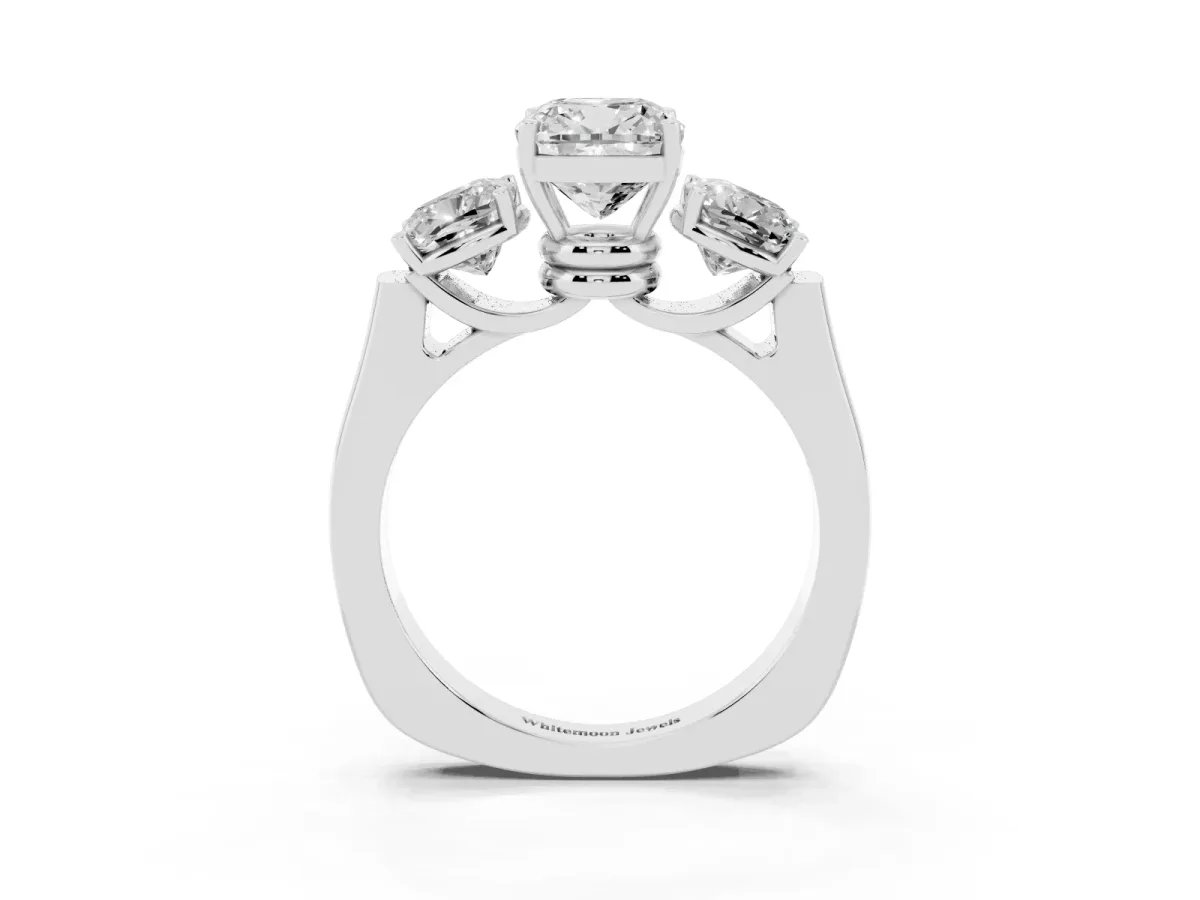Three-Stone Cushion Cut Brilliant Diamond Trellis Ring with Comfort Fit Band White gold