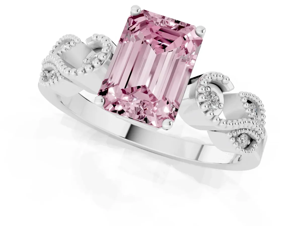 Fancy Pink Emerald Cut Solitaire Milgrain Leaf Band with Prong Setting Silver