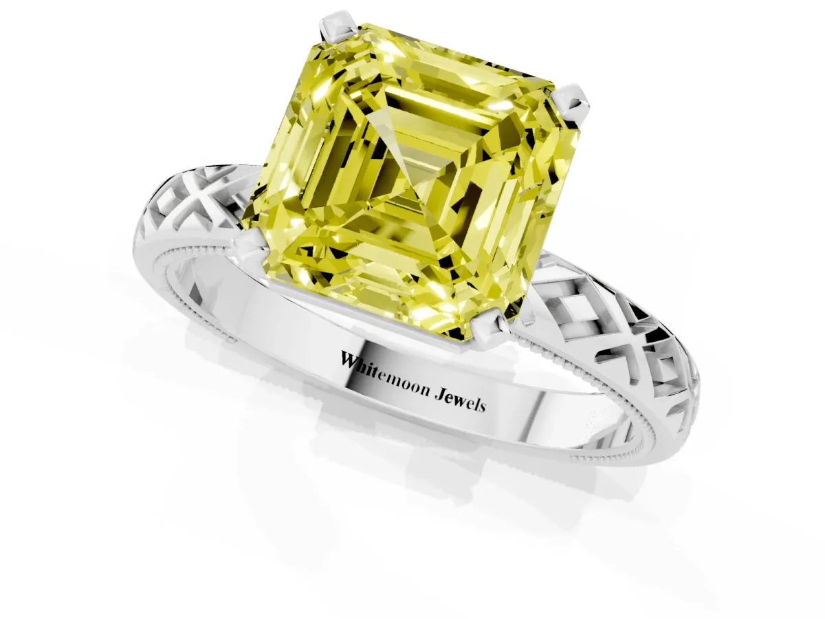 Fancy Yellow Asscher Cut Solitaire Diamond Ring with Milgrain and Black Enamel X Pattern Band Silver