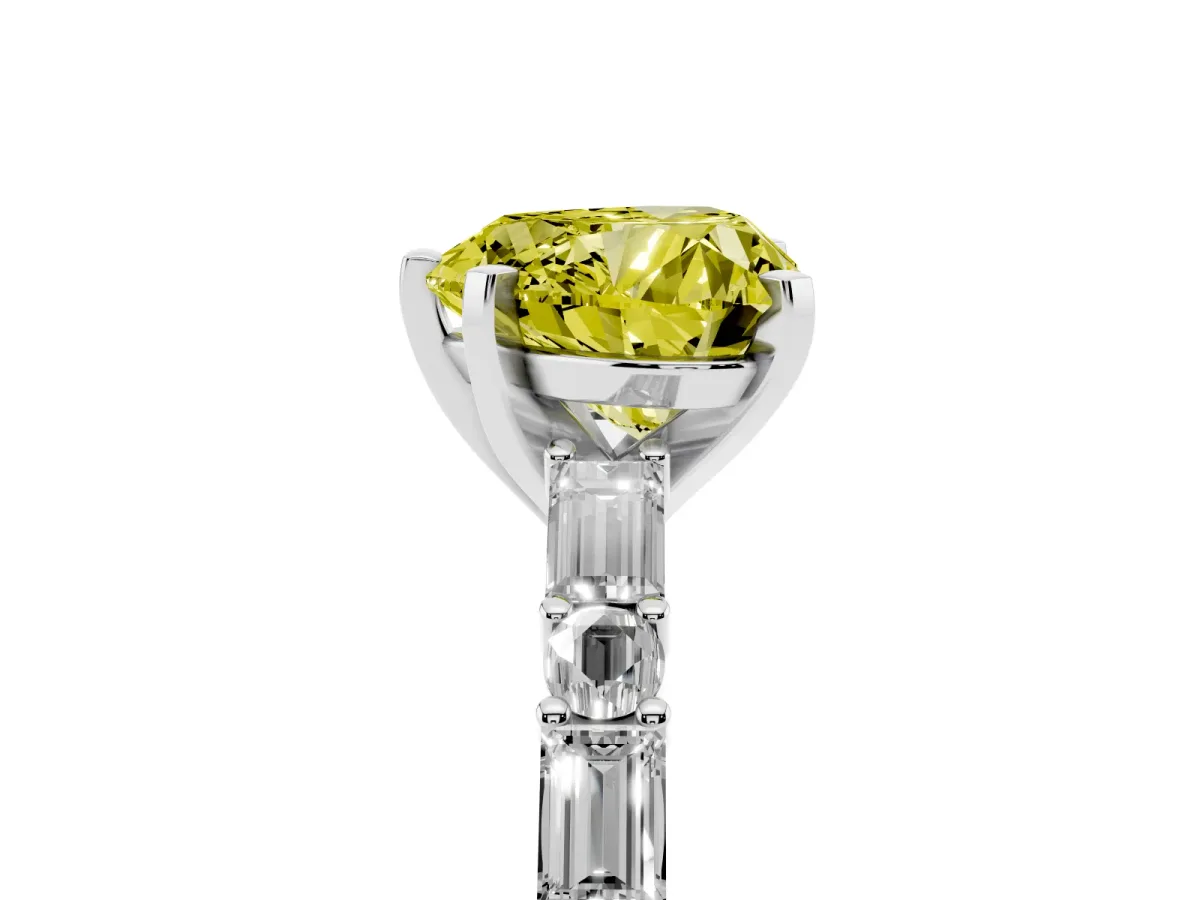 Fancy Yellow Heart Cut Diamond Solitaire with Side Baguettes and Channel Set Band Silver