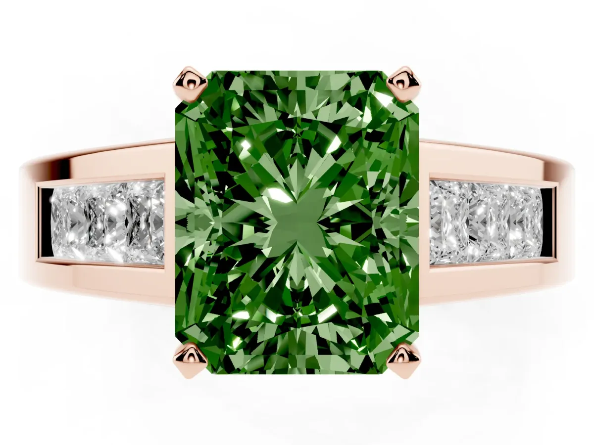 Fancy Green Radiant Cut Cut Channel Set Solitaire Ring with Four-Prong Setting Rose gold