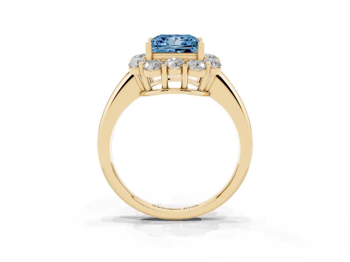Fancy Blue Princess Cut Halo Milgrain Solitaire with Bezel Set Side Stones and Pave Band Yellow gold