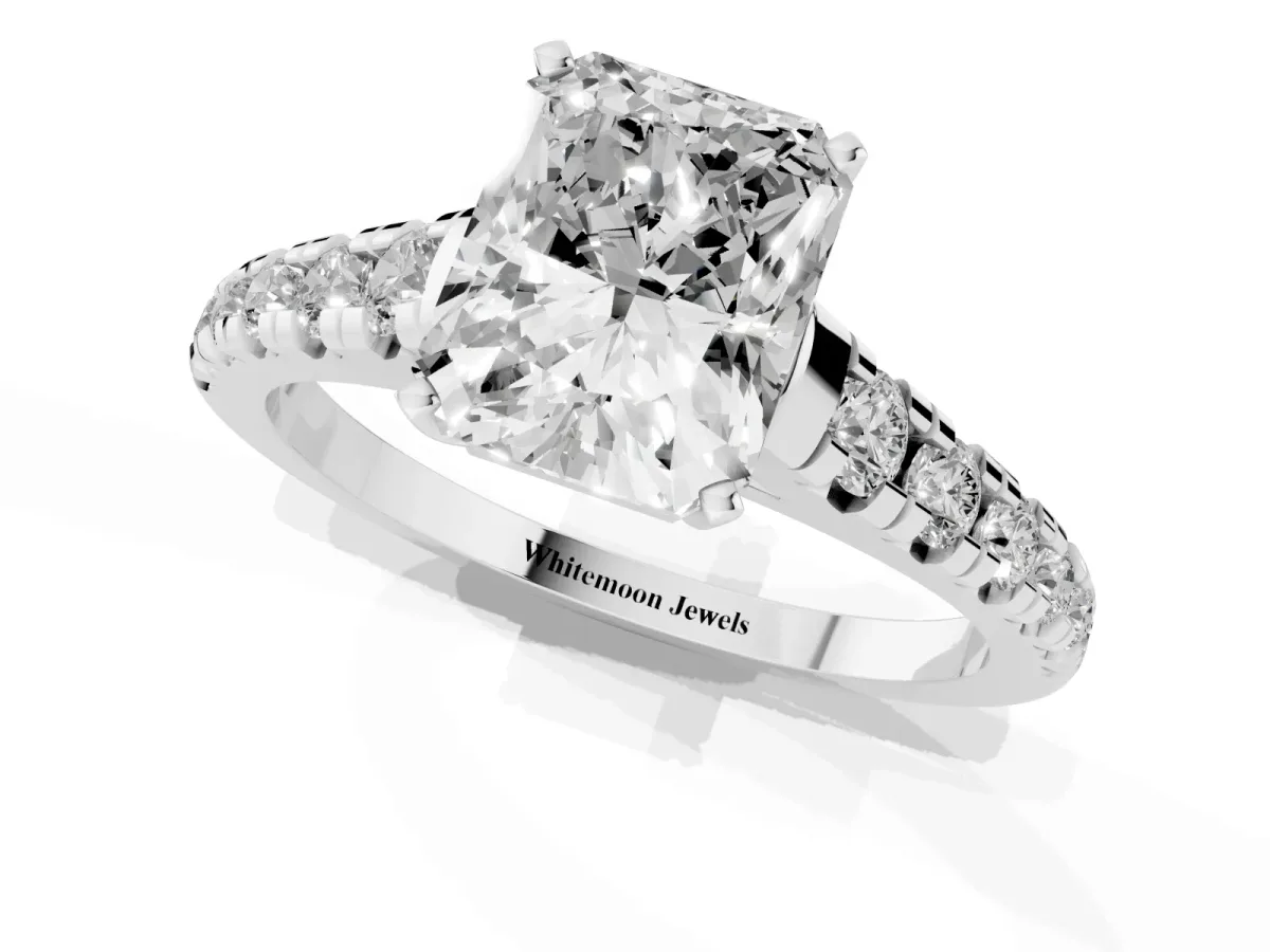 Radiant Cut Diamond Cathedral Solitaire Ring with Round Pavé Band Platinum