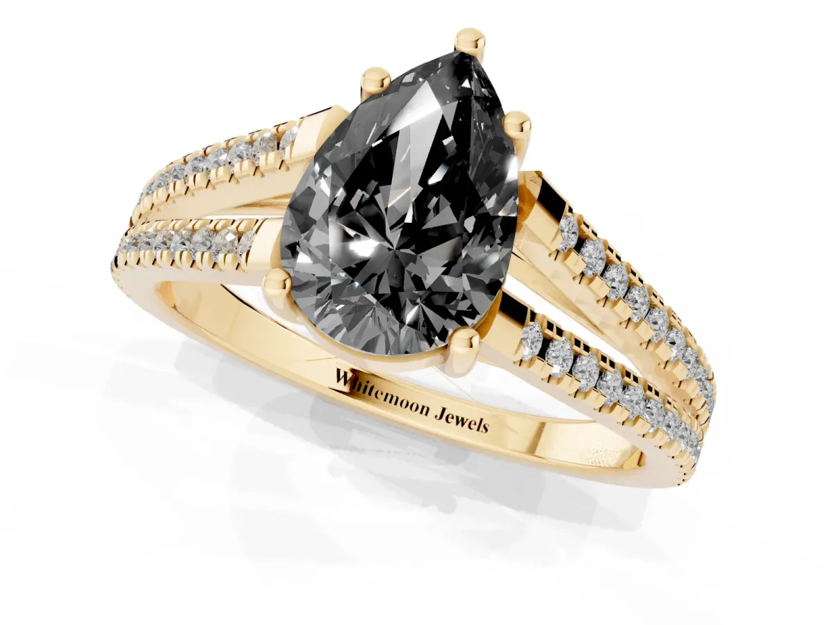 Fancy Black Pear Cut Diamond Solitaire Engagement Ring with Split Shank Pavé Band Yellow gold