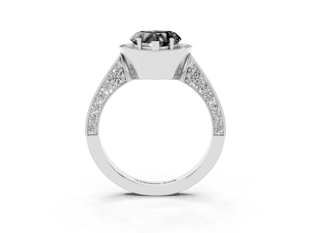 Fancy Black Heart Cut Halo Diamond Engagement Ring with Split Shank Band and Four-Prong Setting Silver