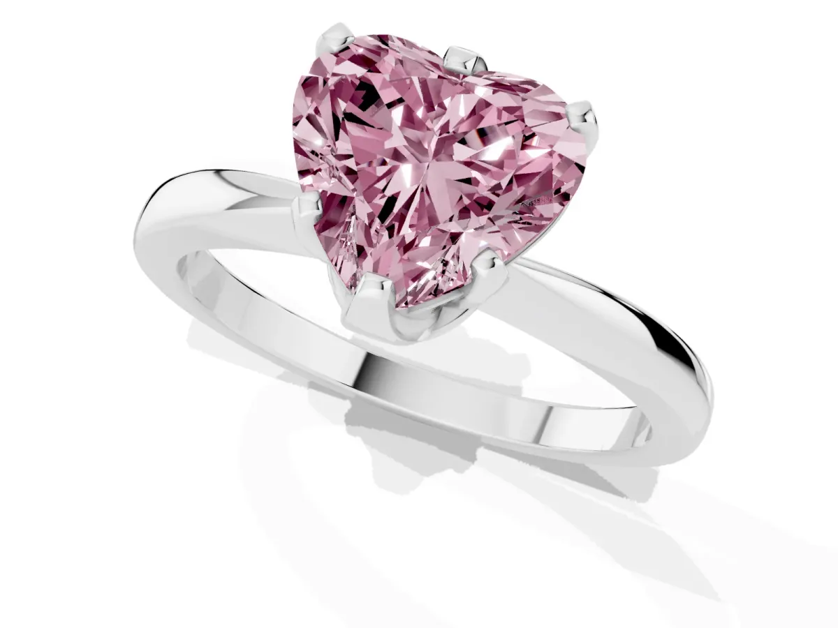 Fancy Pink Heart Cut Solitaire Engagement Ring with Six-Prong Setting and Tapered Band Silver
