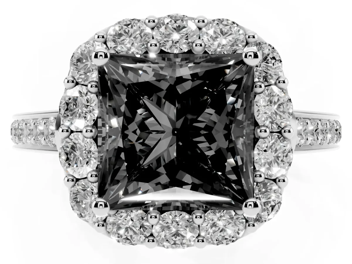 Fancy Black Princess Cut Diamond Floral Halo Ring with Pavé Band and Prong Setting White gold