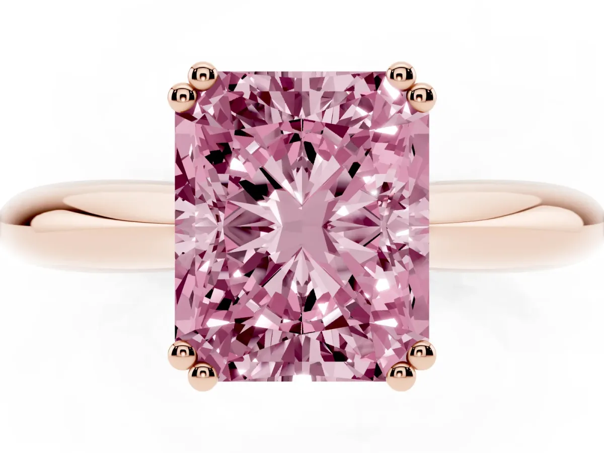 Fancy Pink Radiant Cut Cut Solitaire Engagement Ring with Tapered Band and Four-Prong Setting Rose gold