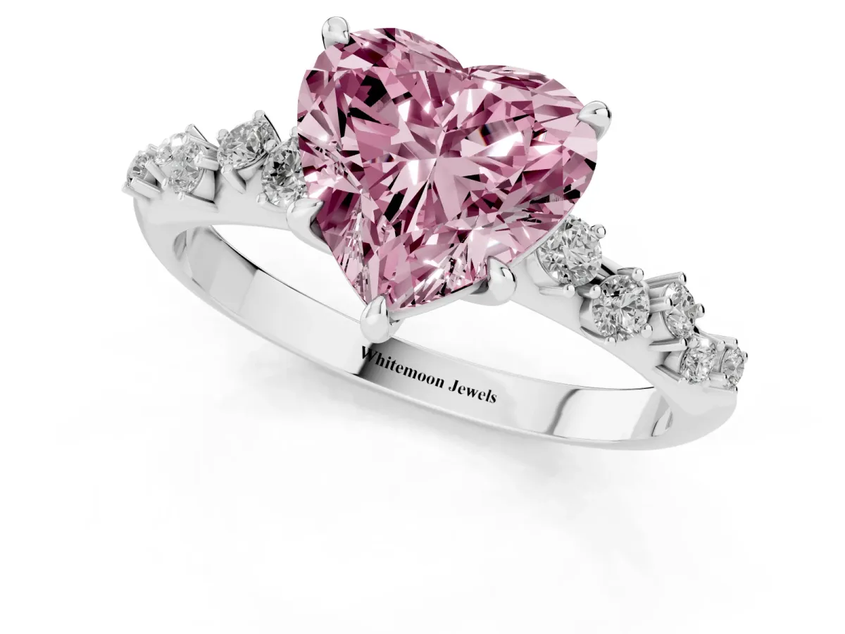 Fancy Pink Heart Cut Diamond Cluster Side Stone Solitaire Ring with Prong Setting Silver