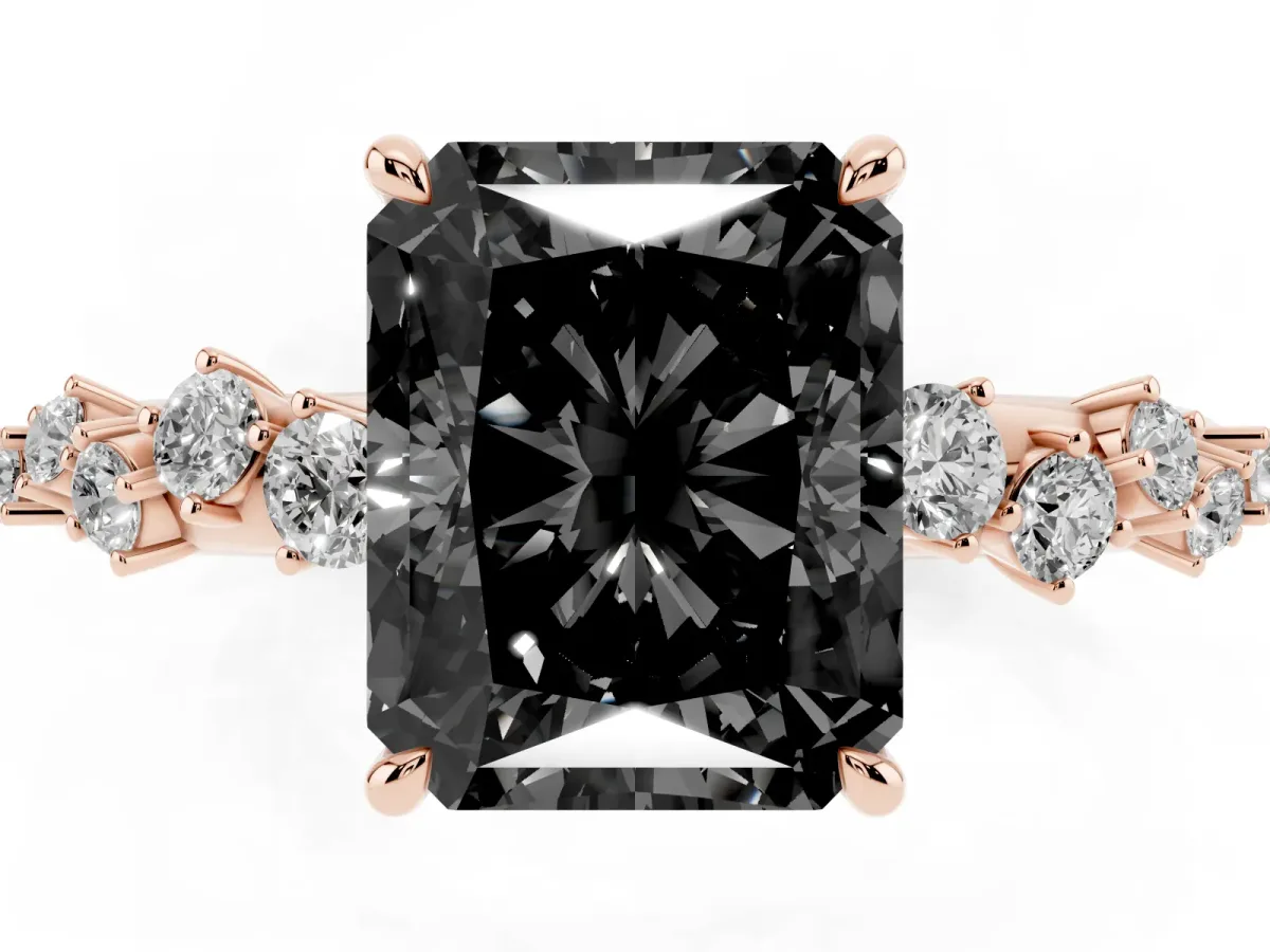 Fancy Black Radiant Cut Diamond Cluster Side Stone Solitaire Ring with Prong Setting Rose gold