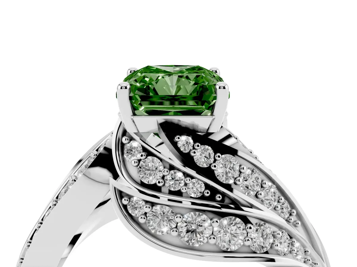 Fancy Green Radiant Cut Diamond Solitaire Ring with Prong Setting and Twisted Pavé Band Silver