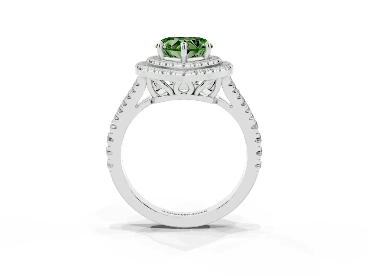 Fancy Green Heart Cut Diamond Double Halo Ring with Pavé Band and Prong Setting Silver