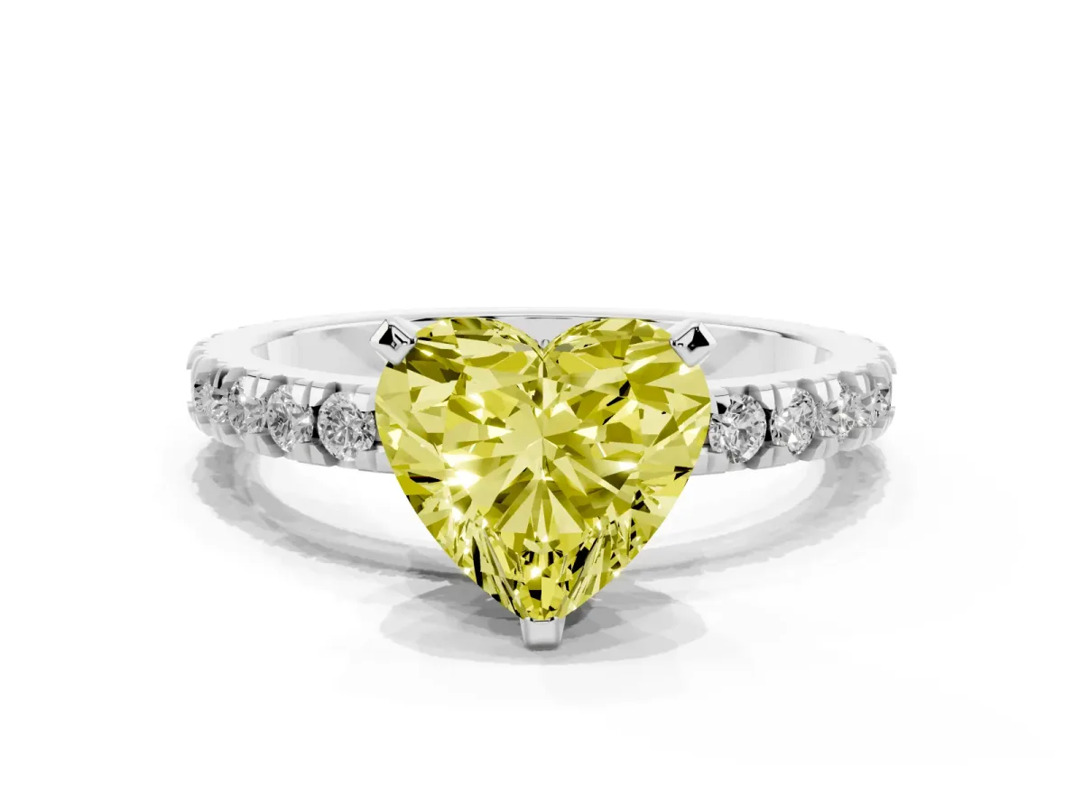 Fancy Yellow Heart Cut Diamond Pavé Band Solitaire with Four-Prong Setting Silver