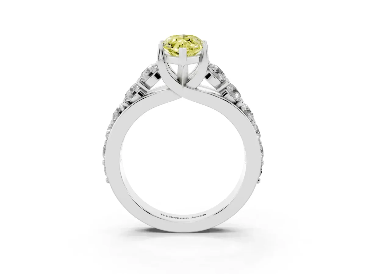 Fancy Yellow Marquise Cut Diamond Engagement Ring with Pavé Band and Four-Prong Setting Silver