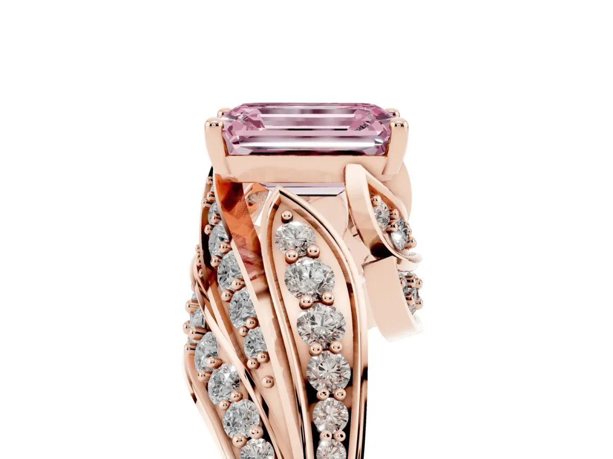 Fancy Pink Emerald Cut Diamond Solitaire Ring with Prong Setting and Twisted Pavé Band Rose gold