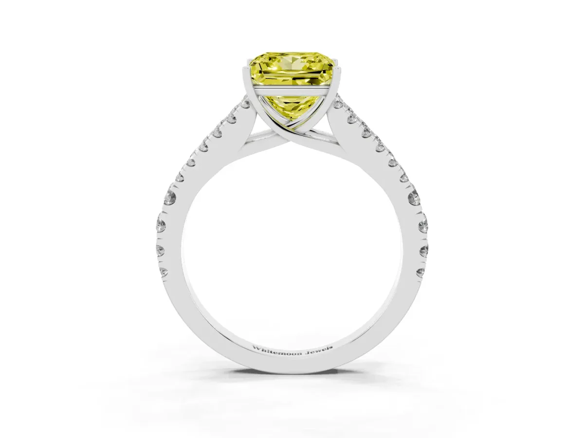 Fancy Yellow Princess Cut Diamond Split Shank Engagement Ring with Round Pavé and Prong Setting Silver