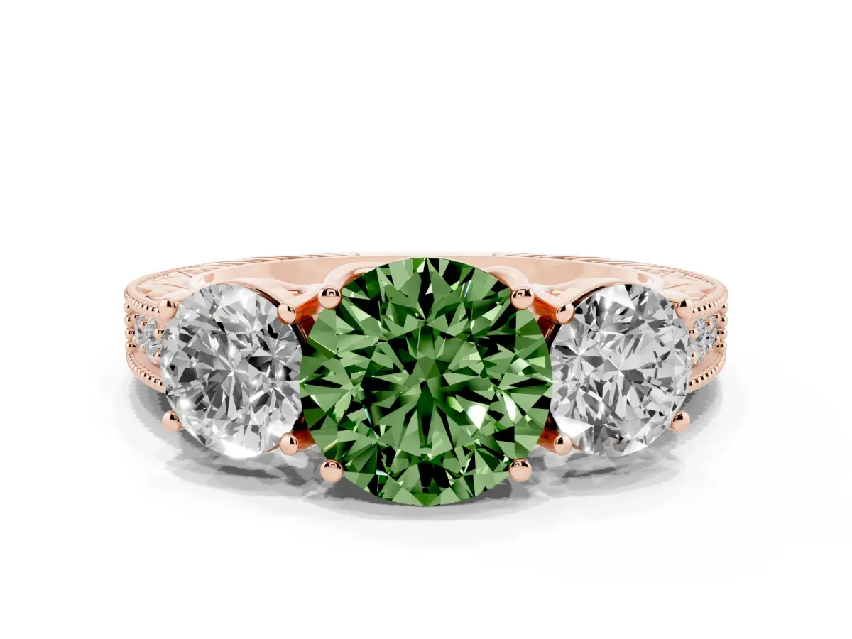 Fancy Green Three-Stone Round Cut Cut Milgrain Pavé Engagement Ring Rose gold