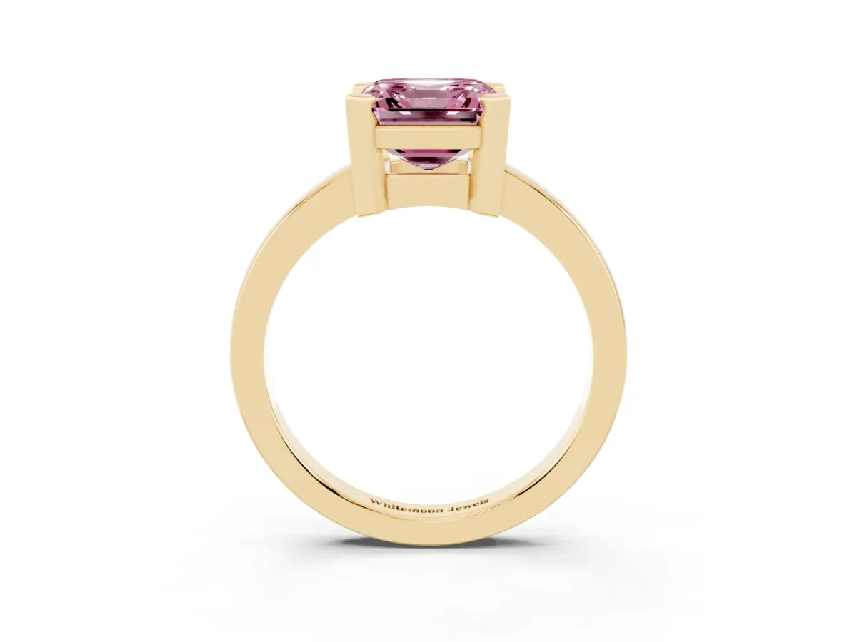 Fancy Pink Asscher Cut Cut Solitaire Ring with Four-Prong Setting and Classic Band Yellow gold