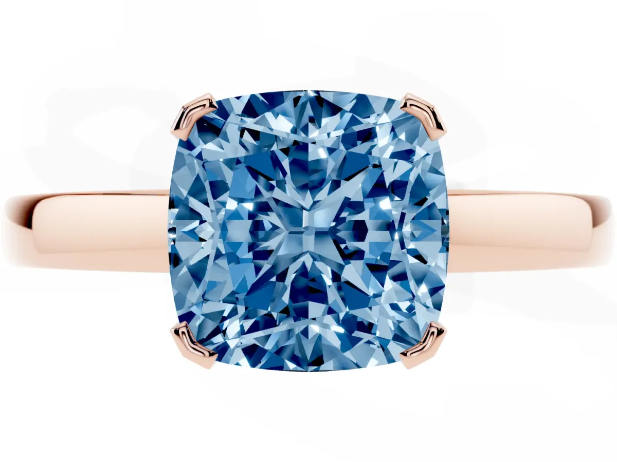 Fancy Blue Cushion Cut Cut Solitaire Ring with Four-Prong Setting and Classic Band Rose gold