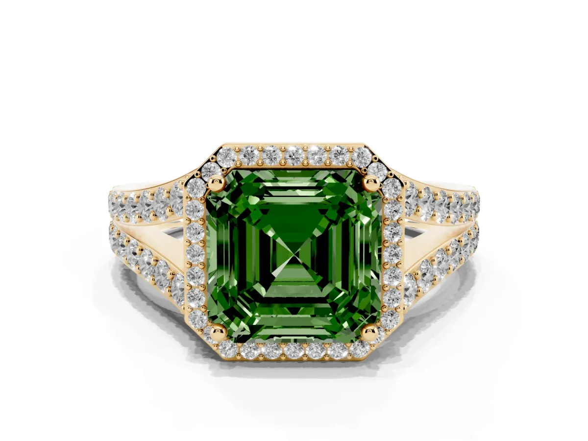 Fancy Green Asscher Cut Diamond Split Shank Halo Ring with Four-Prong Setting Yellow gold