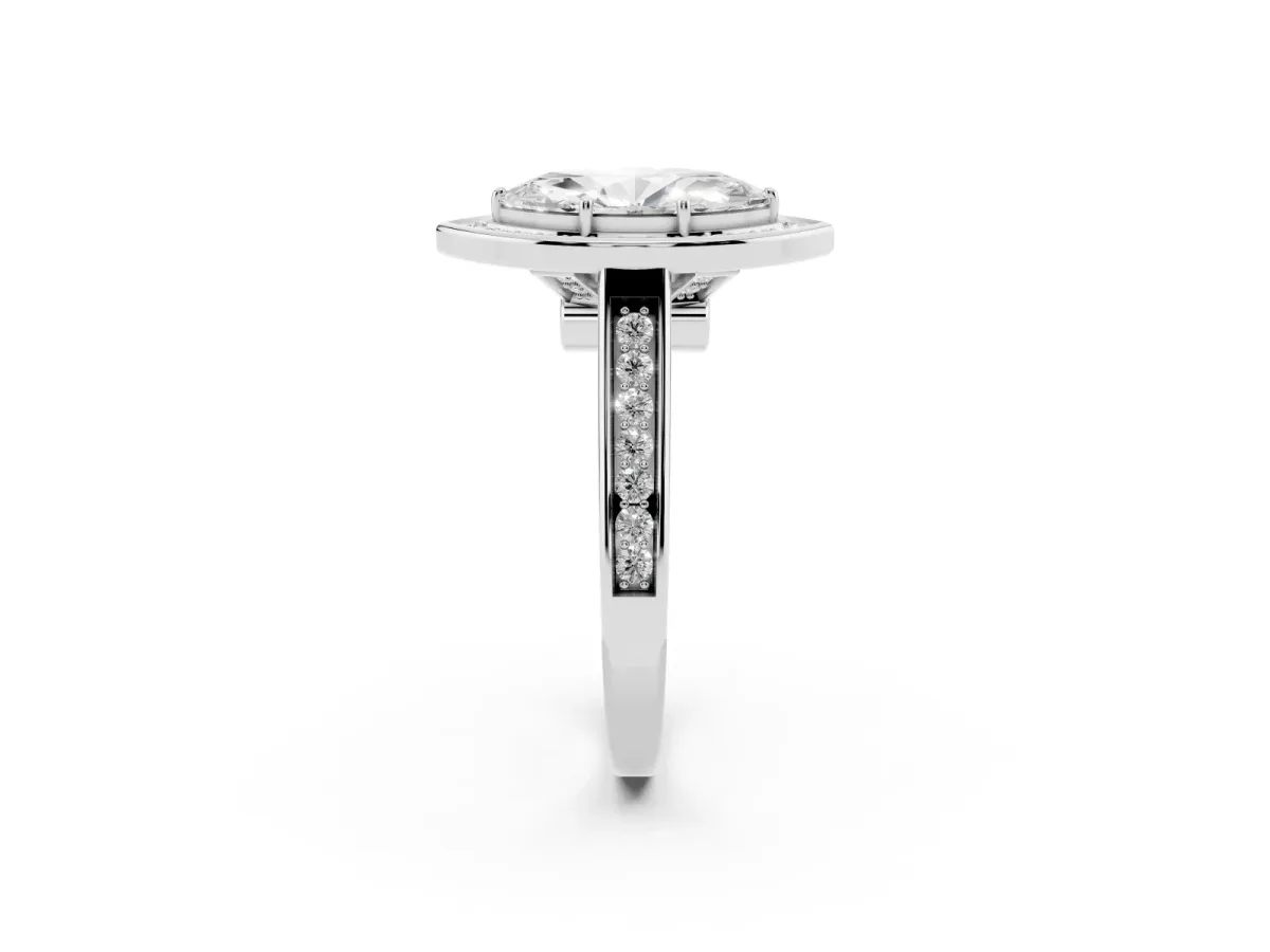 Marquise Cut Halo Solitaire Diamond Ring with Pave Band and Bezel Setting Silver