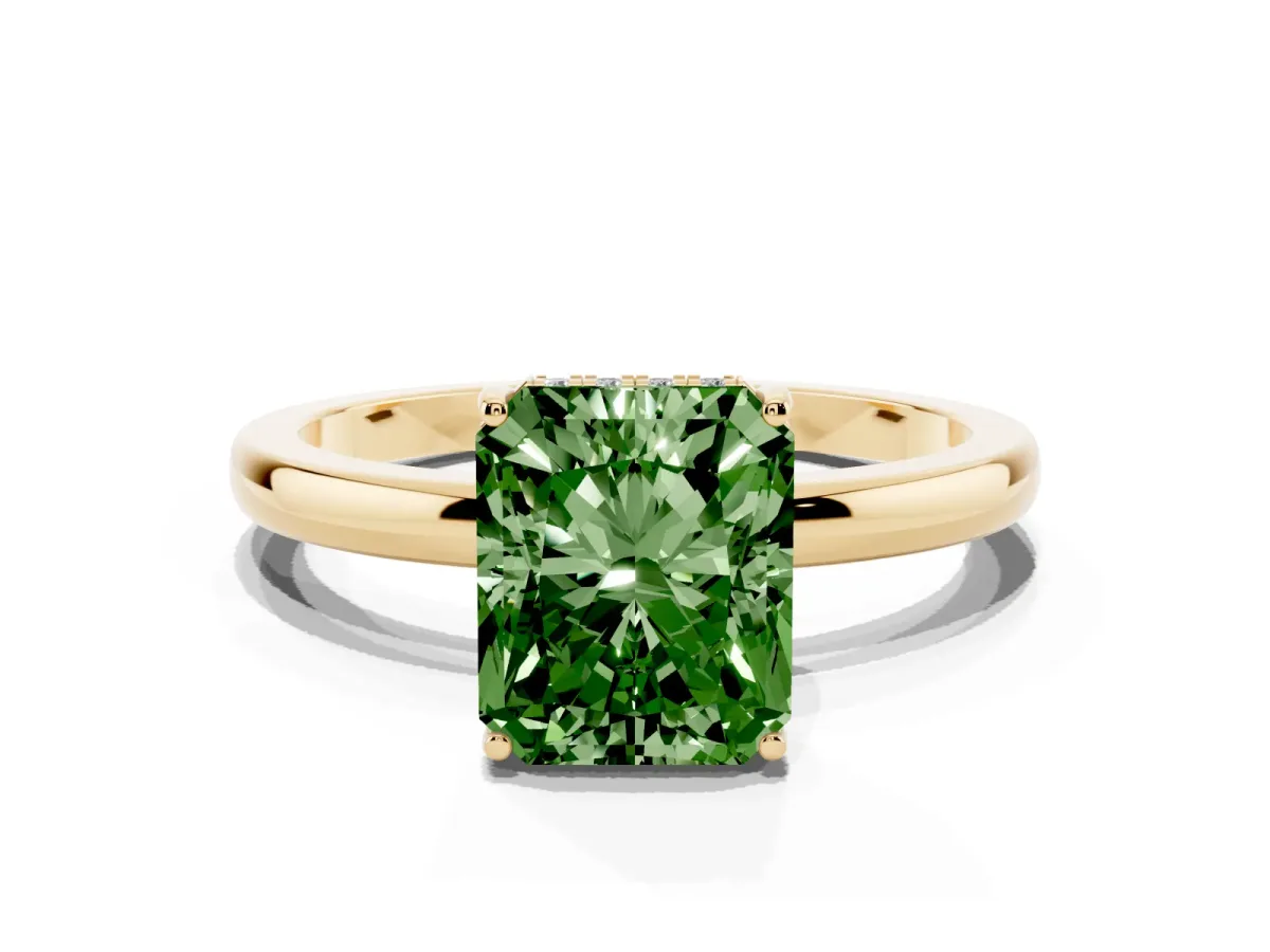 Fancy Green Radiant Cut Solitaire Diamond Ring with Prong Setting and Plain Band Yellow gold