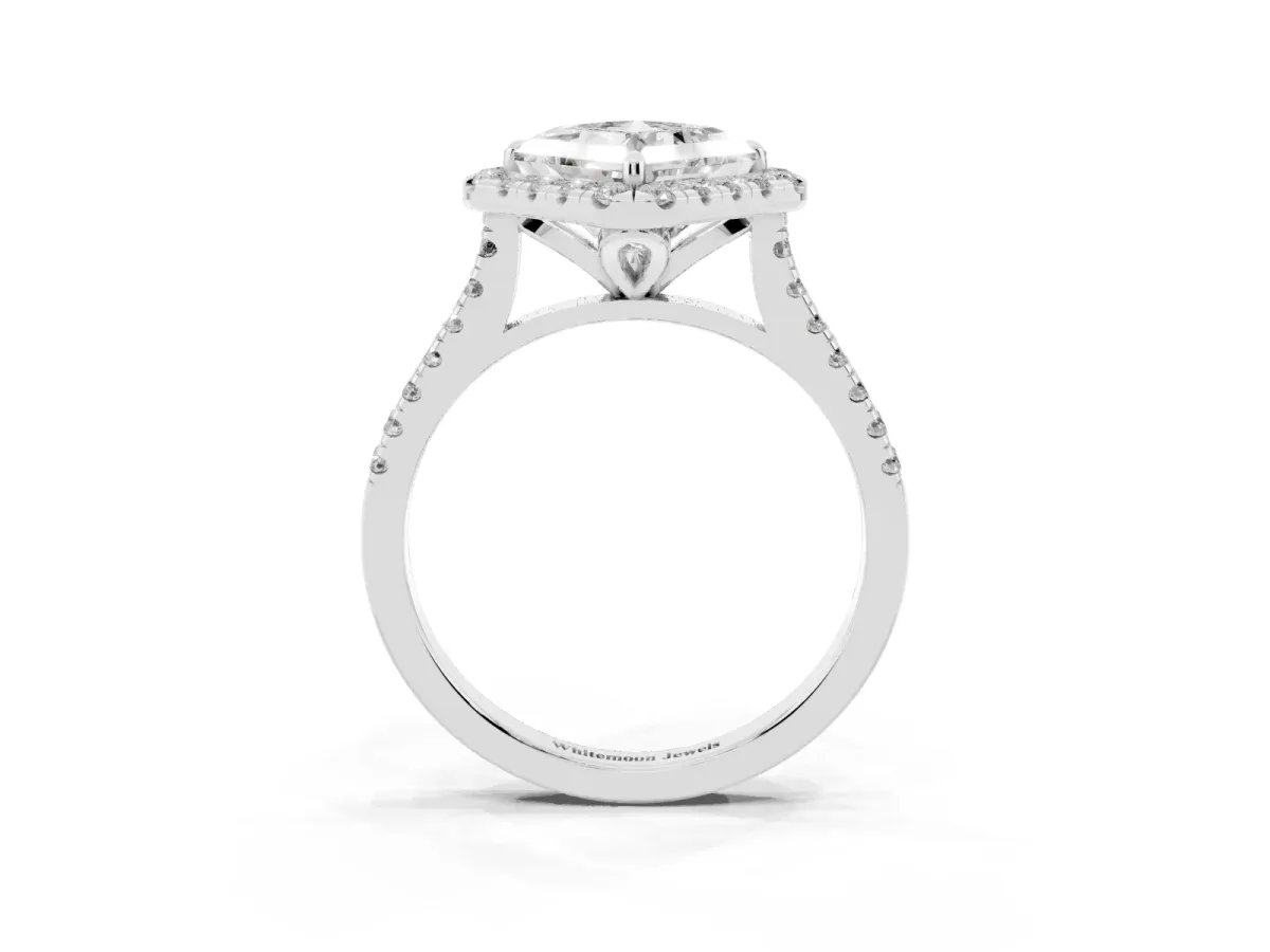 Princess Cut Diamond Cushion Halo Ring with Pavé Band Silver