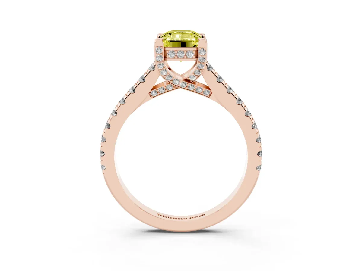 Fancy Yellow Emerald Cut Brilliant Diamond Solitaire with Pavé Band and Four-Prong Setting Rose gold