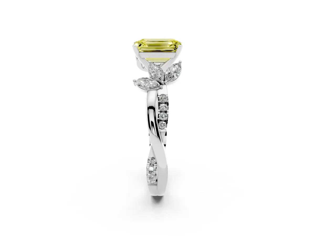 Fancy Yellow Emerald Cut Diamond Floral Vine Solitaire Engagement Ring Platinum