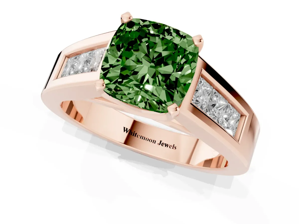 Fancy Green Cushion Cut Cut Channel Set Solitaire Ring with Four-Prong Setting Rose gold