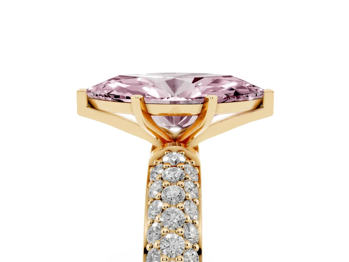 Fancy Pink Marquise Cut Diamond Solitaire Ring with Prong Setting and Pavé Band Yellow gold