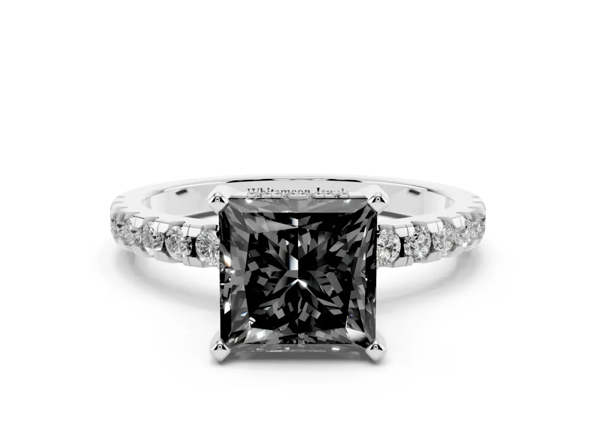 Fancy Black Princess Cut Diamond Solitaire Ring with Round Pavé Band and Four-Prong Setting Silver