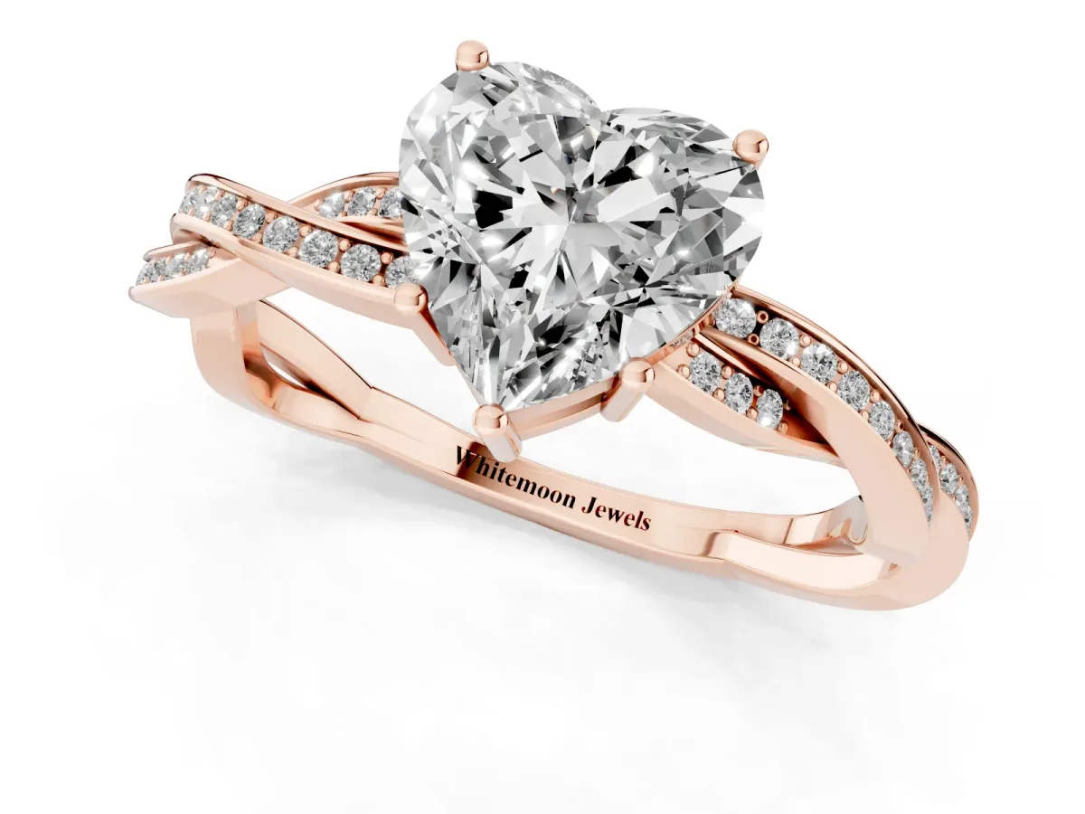 Heart Cut Solitaire Twisted Pave Diamond Ring with Four-Prong Setting Rose gold