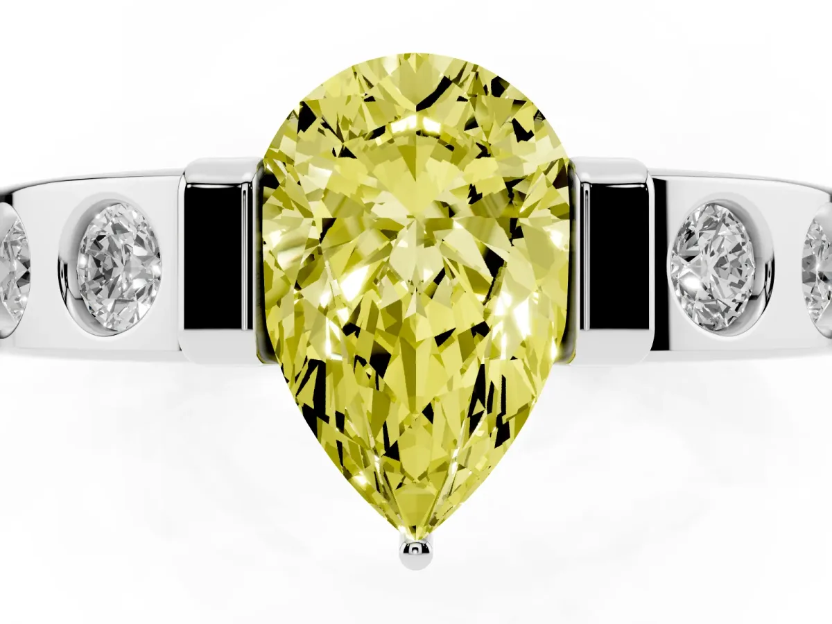 Fancy Yellow Pear Cut Brilliant Channel-Set Diamond Ring with Bezel Prong Setting Silver