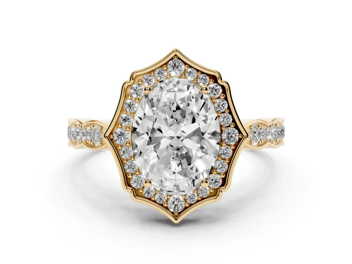 Oval Cut Halo Diamond Engagement Ring with Milgrain Band and Four-Prong Setting Yellow gold
