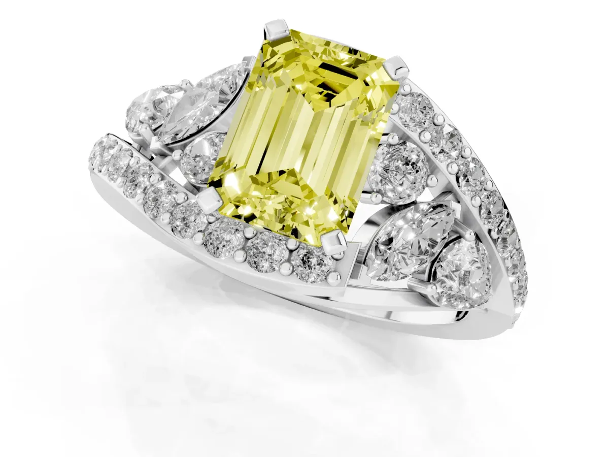 Fancy Yellow Emerald Cut Diamond Halo Ring with Marquise and Pavé Band in Prong Setting Platinum