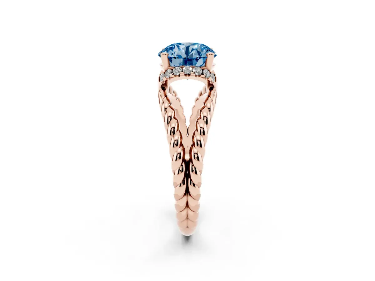 Fancy Blue Round Cut Halo Twisted Band Four-Prong Ring Rose gold