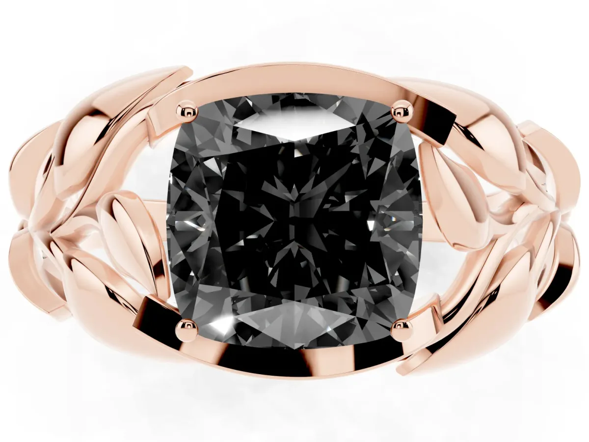 Fancy Black Cushion Cut Diamond Leaf-Inspired Engagement Ring with Round Accents and Prong Setting Rose gold