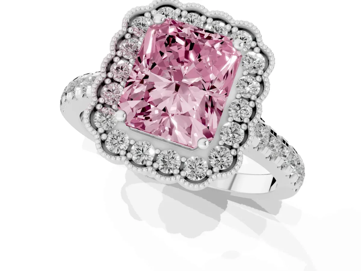 Fancy Pink Radiant Cut Cut Diamond Milgrain Floral Halo Engagement Ring with Pavé Band White gold