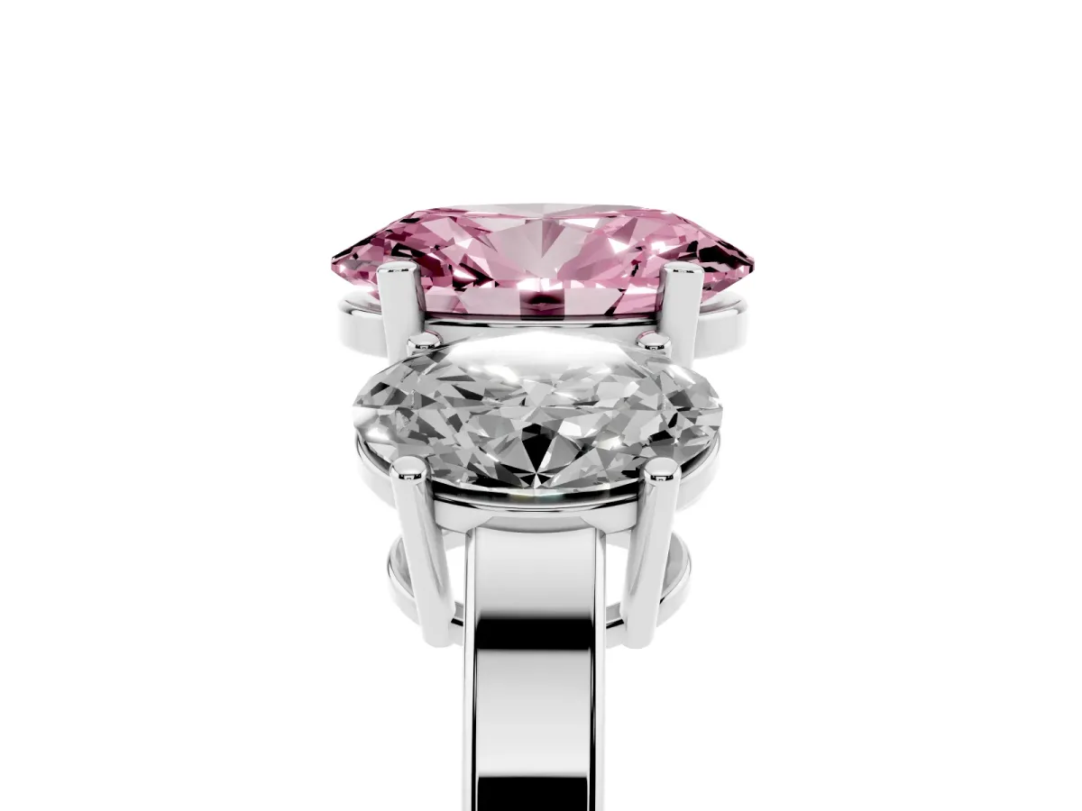 Fancy Pink Three-Stone Oval Cut Cut Diamond Engagement Ring with Flat Band and Four-Prong Setting Silver