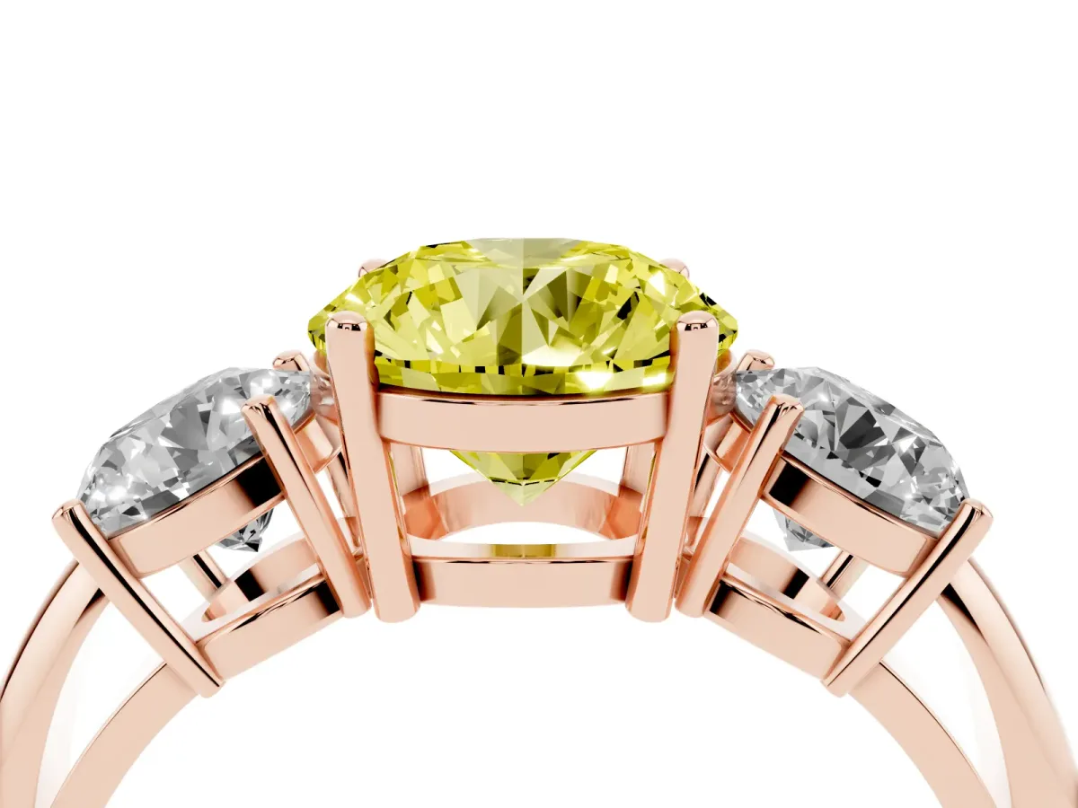 Fancy Yellow Three-Stone Round Cut Cut Diamond Engagement Ring with Prong Setting on a White Gold Band Rose gold